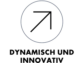 Grafik: ein Pfeil, der diagonal nach rechts oben zeigt, darunter steht der Schriftzug "dynamisch und innovativ"