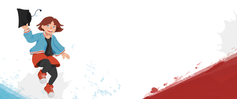 Illustration: Aquarellzeichnung im Hintergrund mit roter und blauer Farbfläche. Im Vordergrund eine kindliche Figur, die in die Luftspringt Kinderuni Leipzig, Grafik: Universität Leipzig