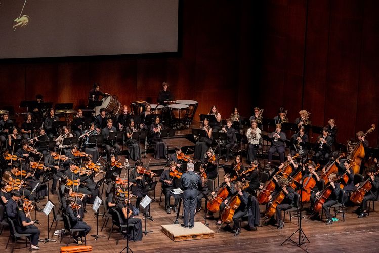 Ansicht eines großen Orchester in einem Konzertsaal