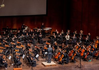 Ansicht eines großen Orchester in einem Konzertsaal