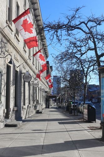 Ein Bürgersteig bildet das Zentrum des Bildes. Links ist eine Hauswand zu sehen. An der Hauswand hängen mehrere kanadische Flaggen. Auf der rechten Seite des Bürgersteiges stehen kleine Bäume, welche mit Lichterketten geschmückt sind.
