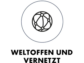 Grafik: stilisierte Weltkugel aus schwarzen Linien, darunter steht der Schriftzug "Weltoffen und Vernetzt"