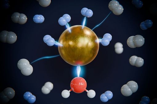 Illustration of the preferential binding of heavy hydrogen (blue) to light hydrogen (white) at the metal centre, activated by the binding of a water molecule (oxygen red, hydrogen white).