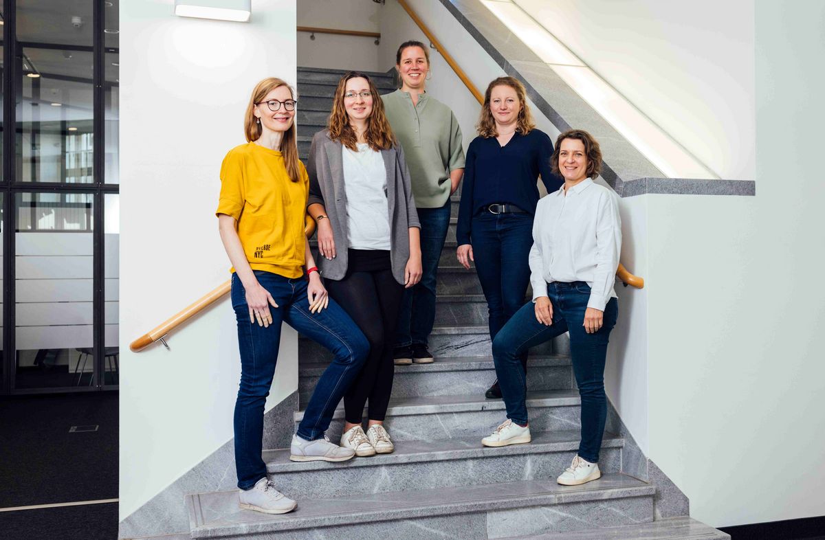 zur Vergrößerungsansicht des Bildes: Fünf Personen, das Team des Career Service stehen auf einer Treppe im Studierenden Service Zentrum