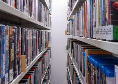 Ansicht von Regalen mit gelabelten DVDs