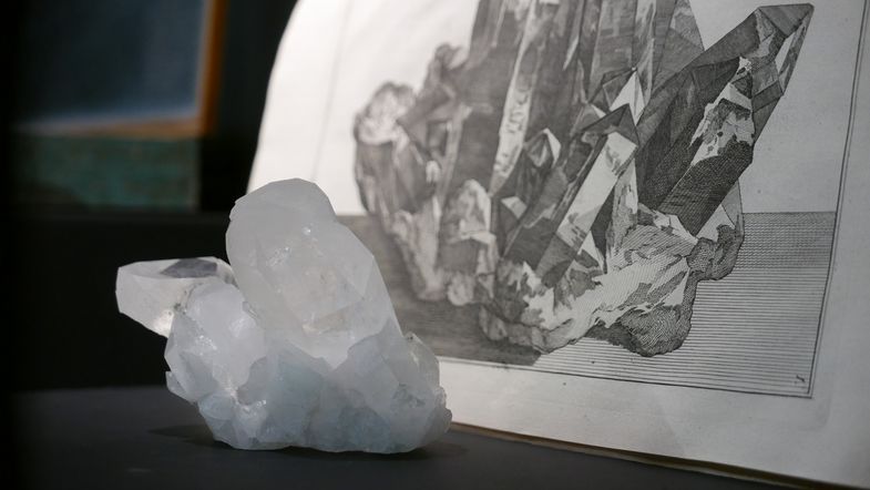 Mineral aus der Geologisch-Paläontologischen Sammlung mit passender Lithografie aus der historischen Sammlung Tettau (UBL)