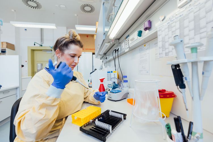 Julia Lenz-Eichhorn, Medizintechnische Laborassistentin, bei der Vorbereitung einer Tumorprobe. Foto: Christian Hüller / Universität Leipzig