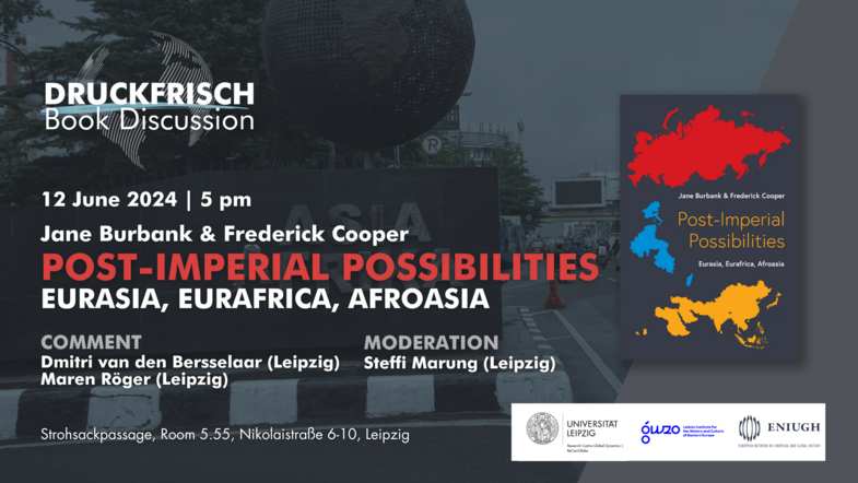 Info Graphic for Druckfrisch Book Discussion with Jane Burbank and Frederick Cooper. Title: Post-Imperial Possibilites - Eurasia, Eurafrica, Afroasia. The background image depicts a Globe Statue with the lettering "Asia, Africa" below.
