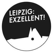 Grafik: schwarzer kreis mit weißer Silhouette vom Paulinum und weißem Schriftzug "Leipzig: Exzellent". 