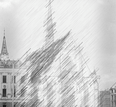 Montage auf Grundlage eines Fotos der Universitätskirche St. Pauli nach 1945
