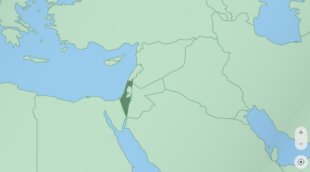 Zu sehen ist die Landkarte des Nahen Ostens, unter anderem mit Gaza, Israel und Palästina