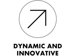 Graphic: an arrow pointing diagonally upwards to the right with the words 'dynamic and innovative' written underneath it.