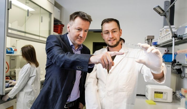 Endlich ist das Protein sauber genug zur Kristallisation. Prof. Dr. Norbert Sträter (l.) und Doktorand Konstantin Richter analysieren die Proteinreinheit anhand eines Gels zur Protein-Größenanalyse.