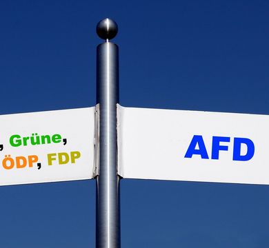 Zu sehen sind Wegweiser-Schilder: CDU, SPD, Grüne, DIE LINKE, ÖDP, FDP zeigen nach links, AfD nach rechts.