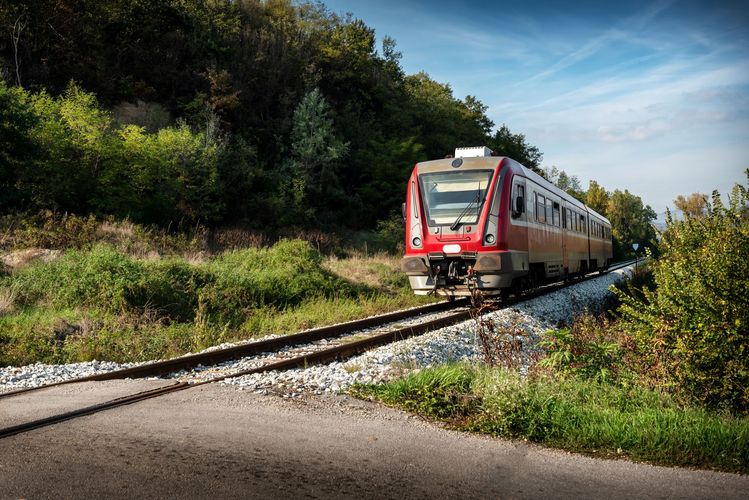 Farbfoto: Landschaftsaufnahme mit einem Zug der von rechts ins Bild kommt.