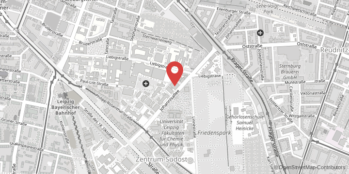 the map shows the following location: Rudolf Schönheimer Institute of Biochemistry, Johannisallee 30, 04103 Leipzig