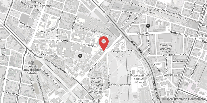 the map shows the following location: Institute of Forensic Medicine, Johannisallee 28, 04103 Leipzig