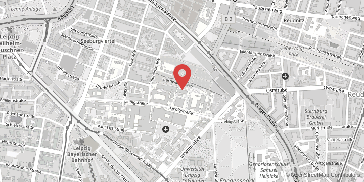 the map shows the following location: Institute for Midwifery Science and Interprofessional Perinatal Medicine, Stephanstraße 9A/1, 04103 Leipzig